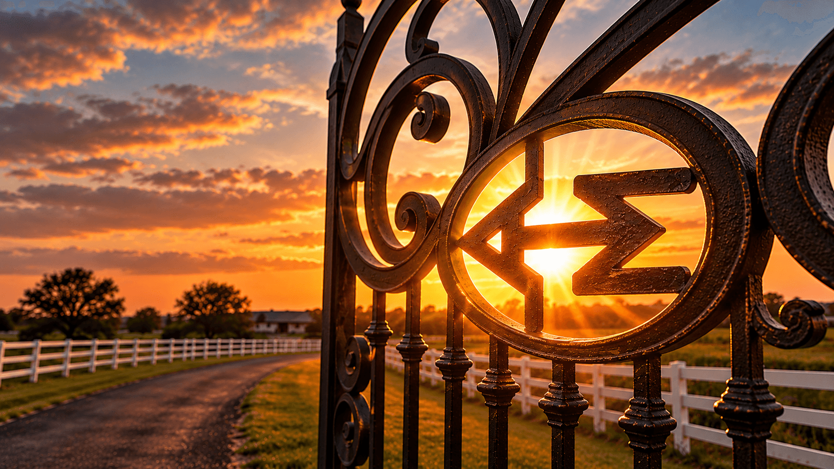 An ornamental ranch gate illuminated by sunset, beside a driveway and white rail fencing.